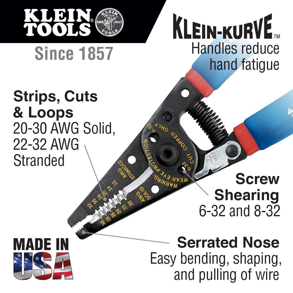 Klein Tools 11057 Kurve Wire Stripper/Cutter for 20-30 AWG Solid and 22-32 AWG Stranded Wire from GME Supply