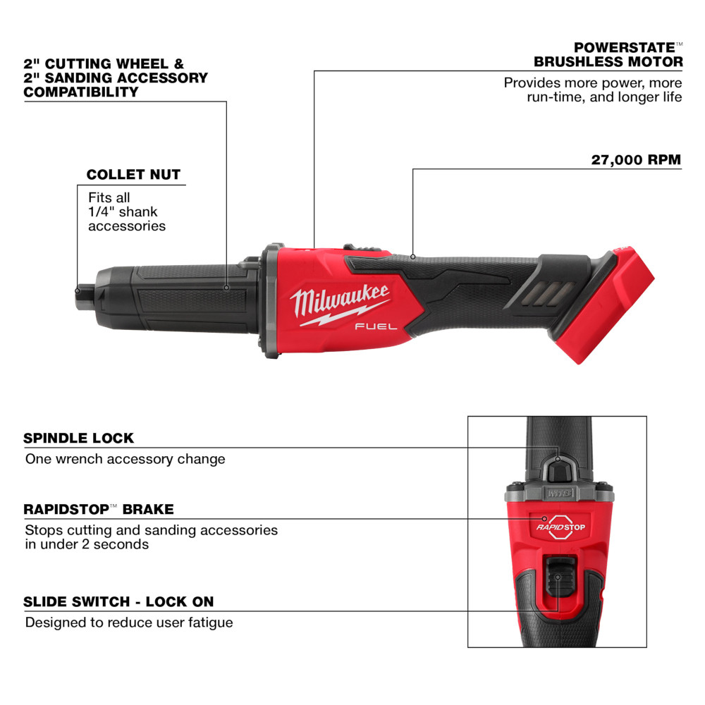 Milwaukee M18 FUEL Braking Die Grinder with Slide Switch from GME Supply