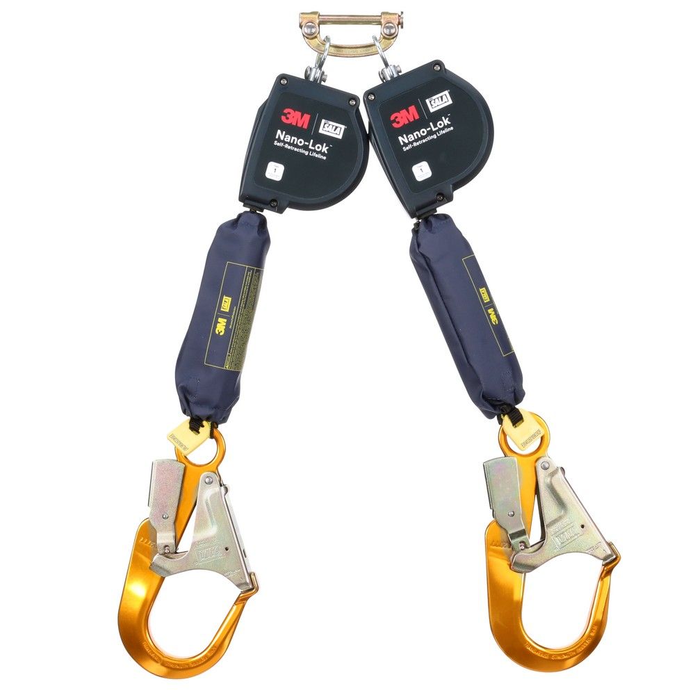 3M DBI-SALA Nano-Lok XL 9 ft. Twin-Leg, Web Self-Retracting Lifeline with Quick Connect & Aluminum Rebar Hooks, ANSI Class 1 from GME Supply