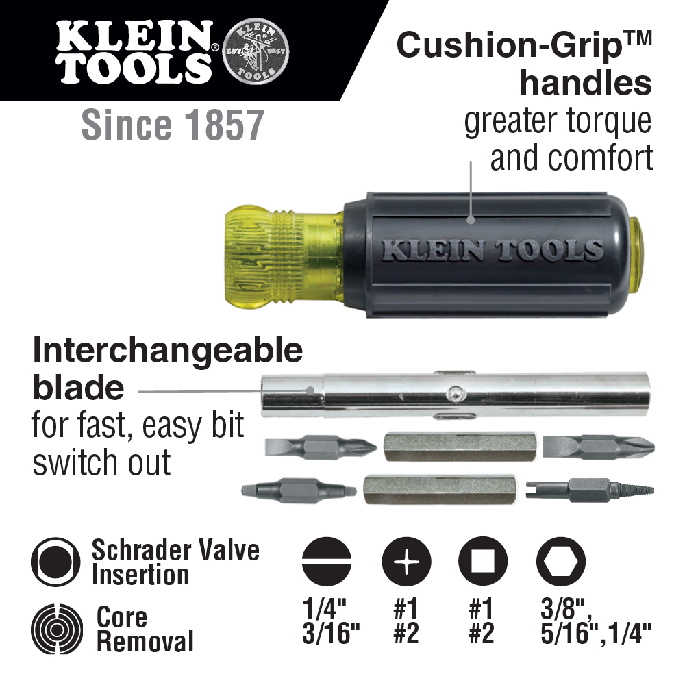 Klein Tools 11-in-1Multi-Bit Screwdriver & Nut Driver with Schrader Bits from GME Supply