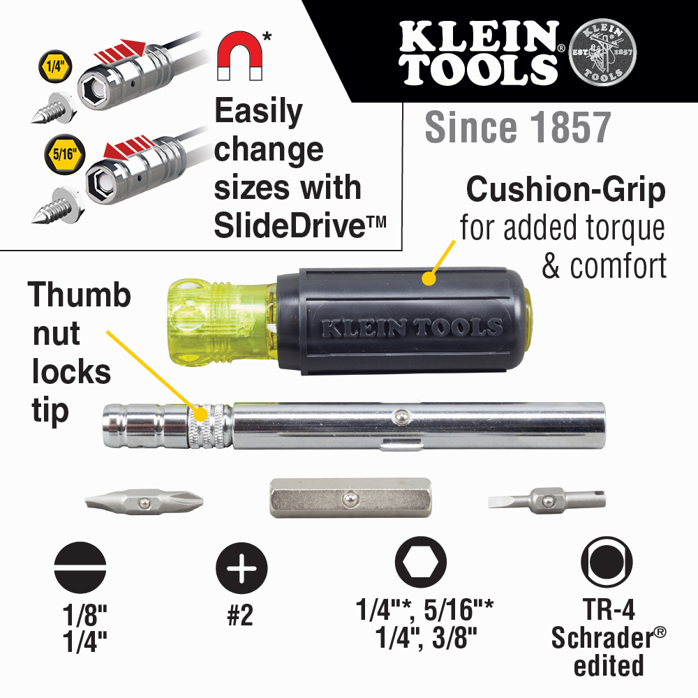 Klein Tools Slide-Drive Multi-Bit Screwdriver/Nut Driver, 8-in-1 from GME Supply