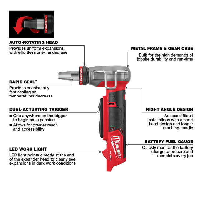 Milwaukee M12 FUEL ProPEX Expander Kit with 1/2 Inch to 1 Inch RAPID SEAL ProPEX Expander Heads from GME Supply