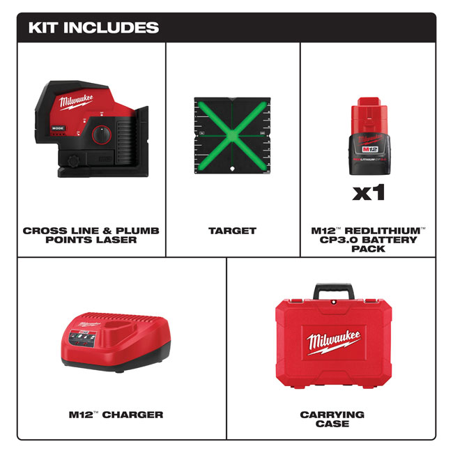 Milwaukee M12 Green Cross Line and Plumb Points Laser with Optional Kit from GME Supply