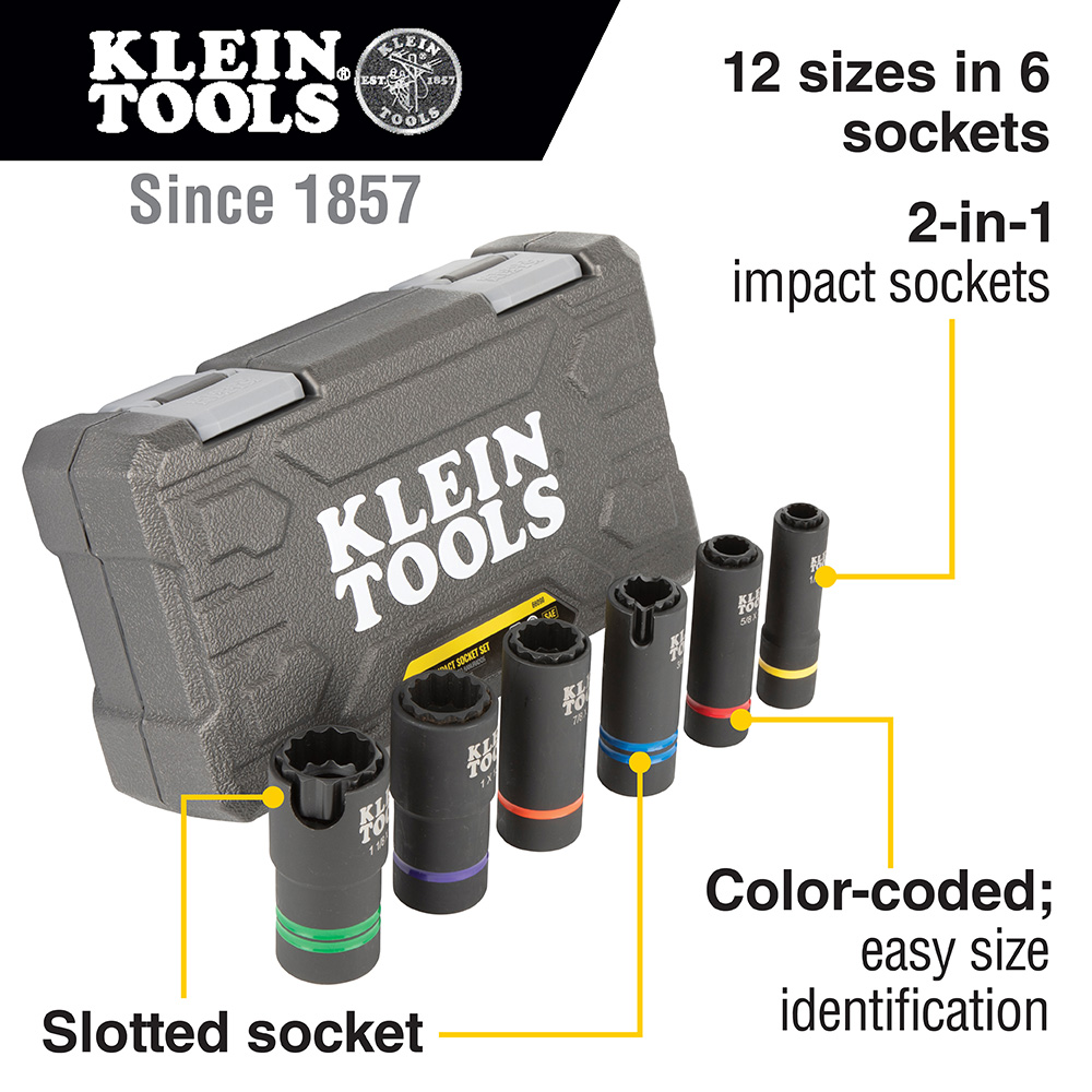 Klein Tools 2-In-1 Slotted Impact Socket Set, 12-Point, 6-Piece from GME Supply