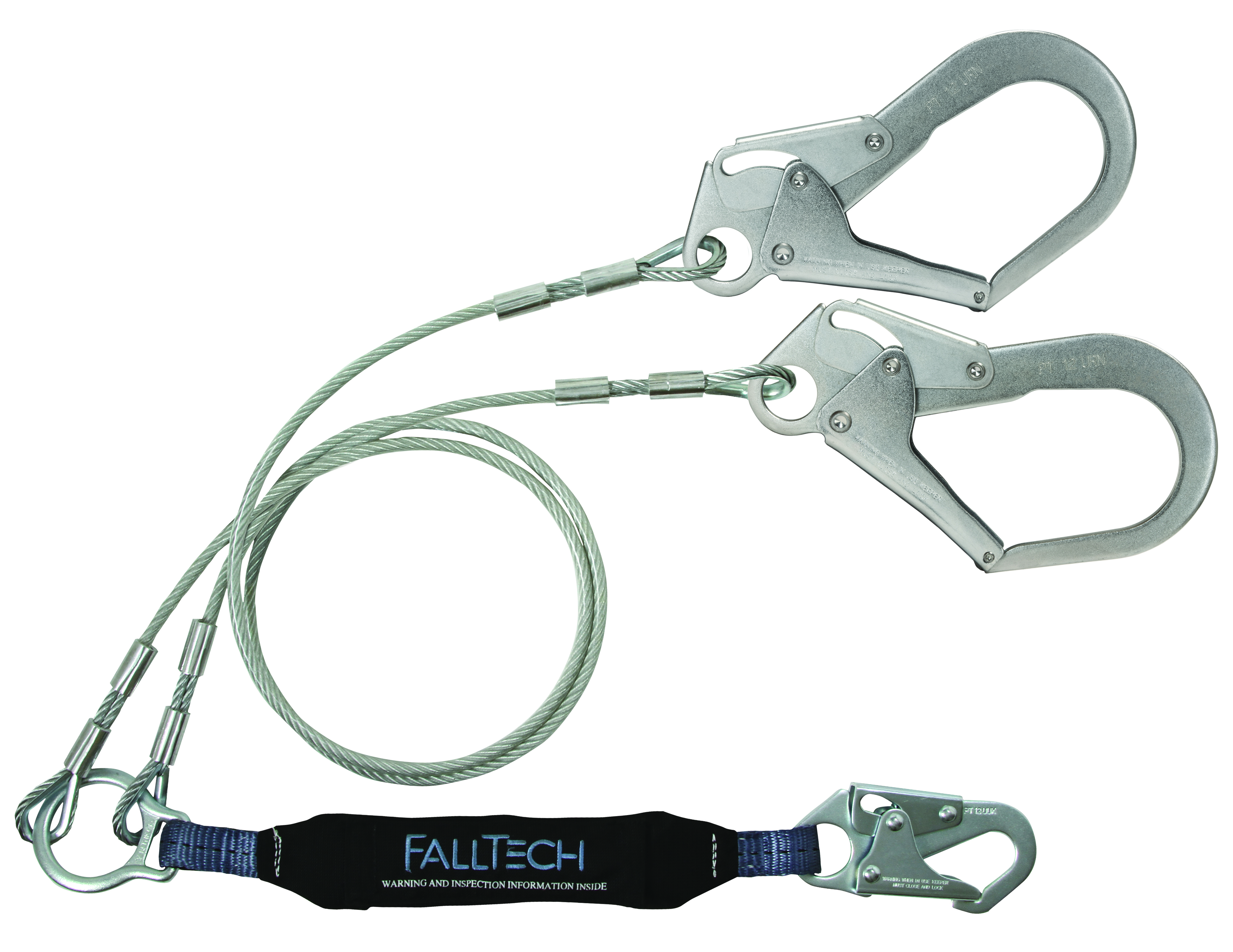 FallTech ViewPack Vinyl-Coated Cable Twin Leg Lanyard with Steel Rebar Hooks from GME Supply