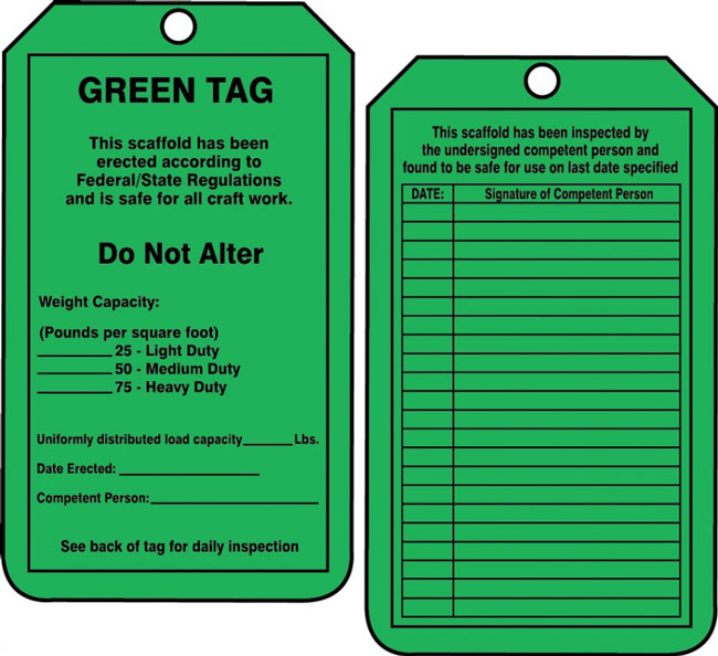 Accuform Scaffold Status 'Green' Safety Tag from Columbia Safety