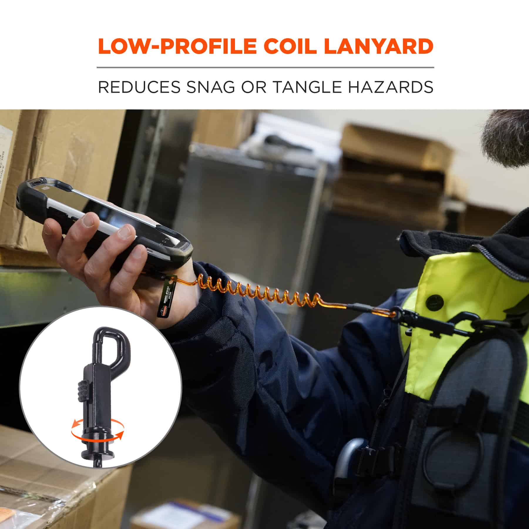 Ergodyne Squids 3151 Coil Lanyard Swivel Hook & Detachable Loop plus Mini Adhesive Mount from GME Supply