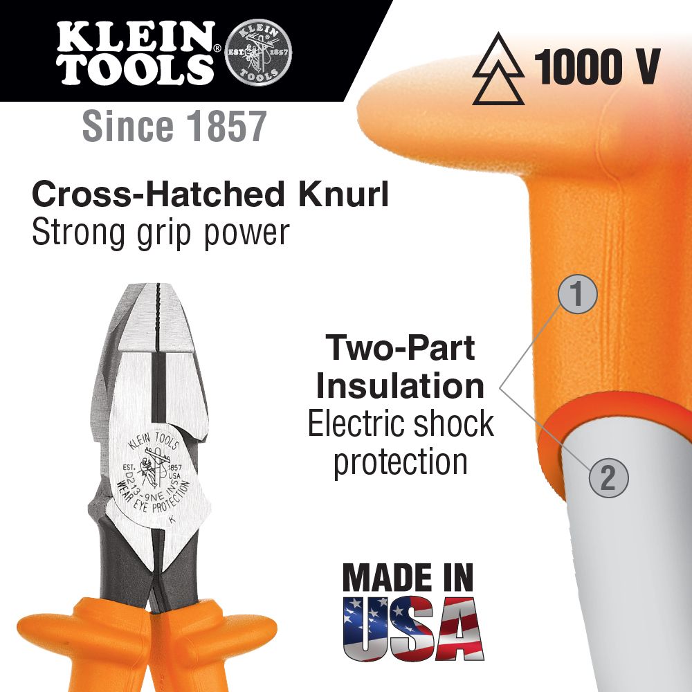 Klein Tools D2000-9NE-INS 9 Inch Insulated High-Leverage Side-Cutting Pliers from GME Supply