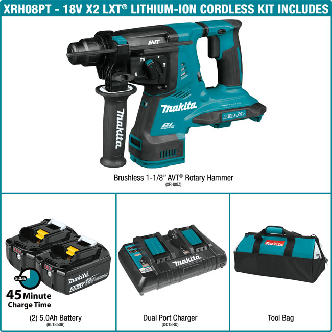 Makita 18V X2 LXT Lithium-Ion Brushless Cordless 1-1/8 Inch AVT Rotary Hammer Kit from GME Supply