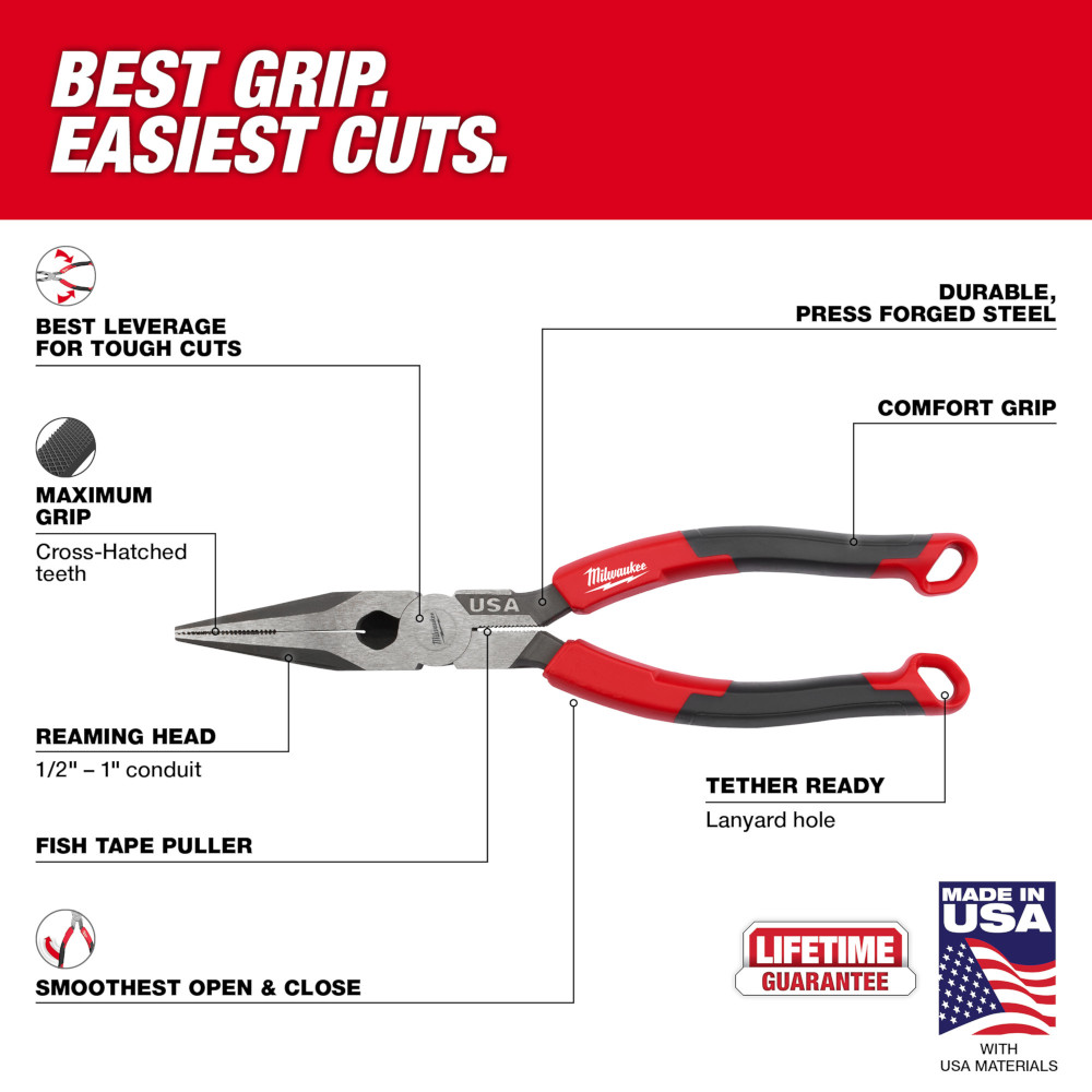 Milwaukee 8-Inch Long Nose Comfort Grip Pliers from Columbia Safety