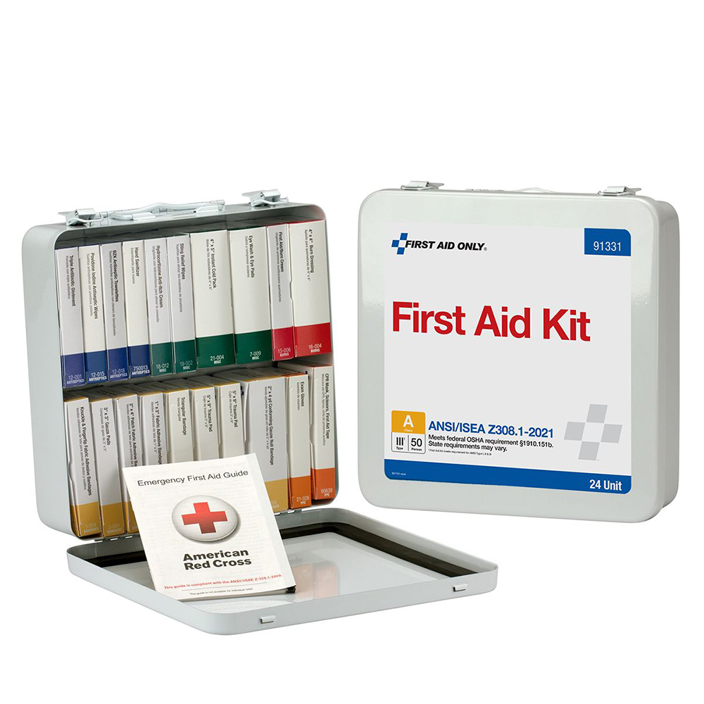 First Aid Only ANSI A 50 Person 24 Unit Metal ANSI 2021 Compliant First Aid Kit from GME Supply