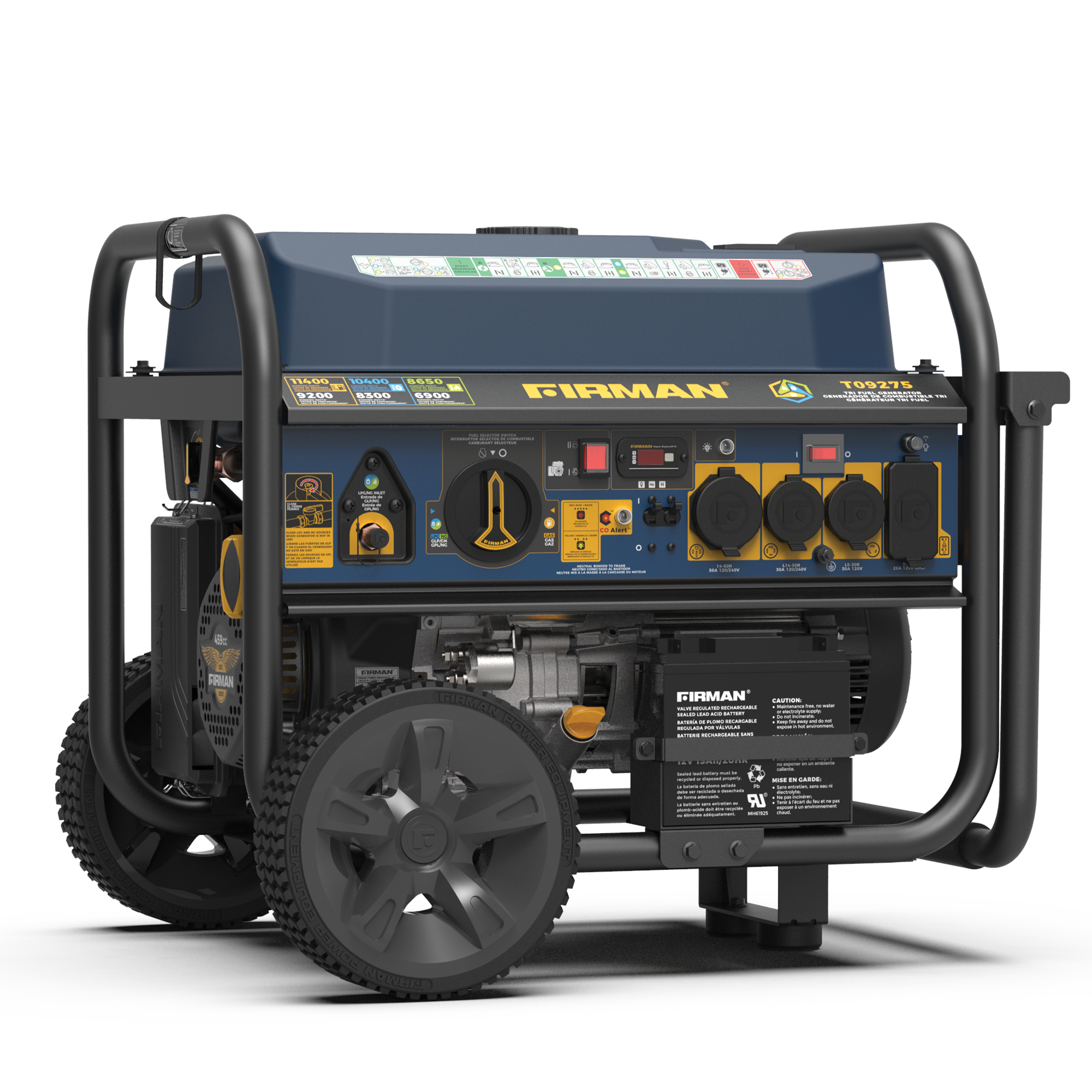Firman Generator, 9200W/11,400W, Tri Fuel, Electric Start, 120V/240V, w/ Wheel Kit, Cord & Holder, CO from GME Supply