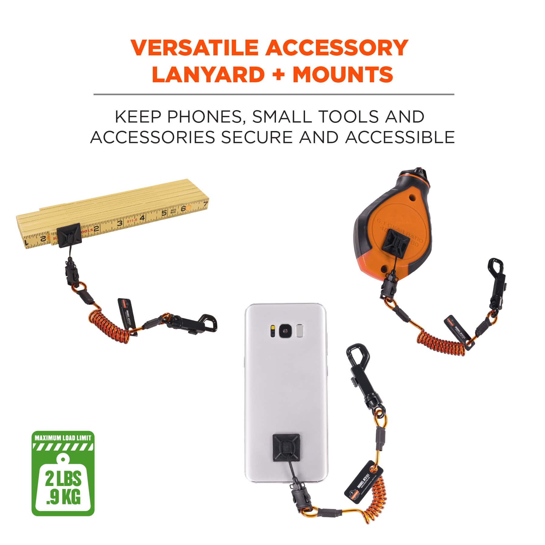 Ergodyne Squids 3151 Coil Lanyard Swivel Hook & Detachable Loop plus Mini Adhesive Mount from GME Supply