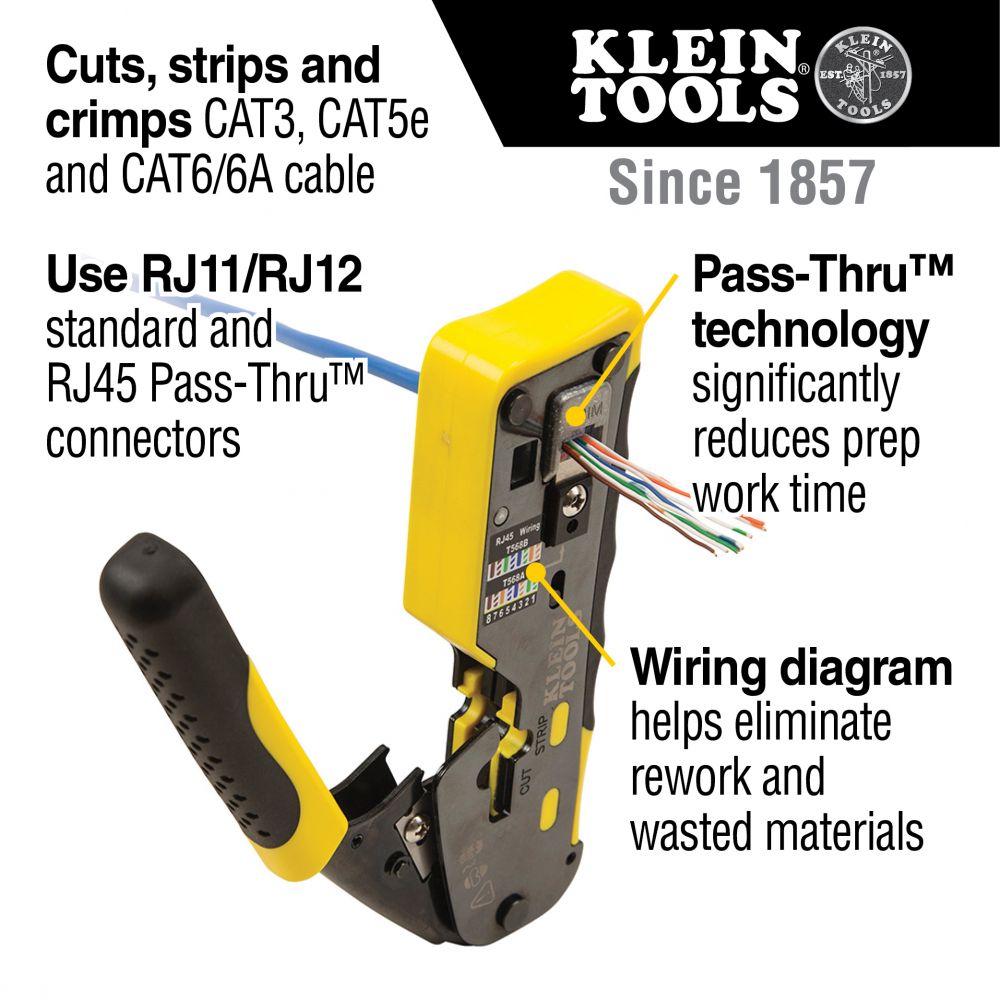Klein Tools VDV226-110 Ratcheting Cable Crimper/Stripper/Cutter for Pass-Thru Connectors from GME Supply