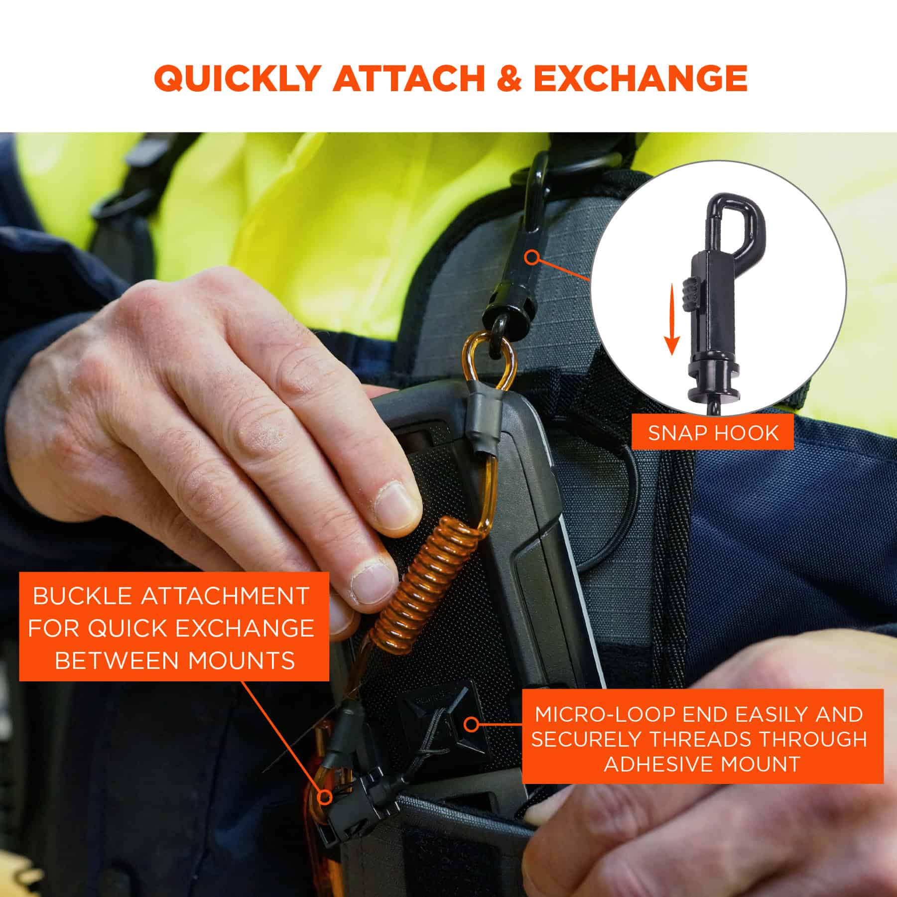 Ergodyne Squids 3151 Coil Lanyard Swivel Hook & Detachable Loop plus Mini Adhesive Mount from GME Supply