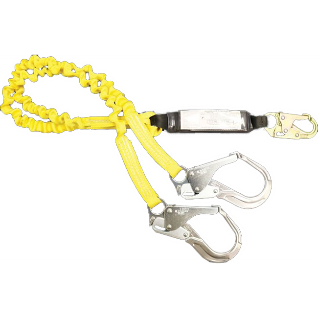 French Creek Dual Leg Six Foot 1-3/16 Inch Web Lanyard with Shock Absorbing Pack with Snap Hook and 2.5 Inch Aluminum Rebar Hook from GME Supply